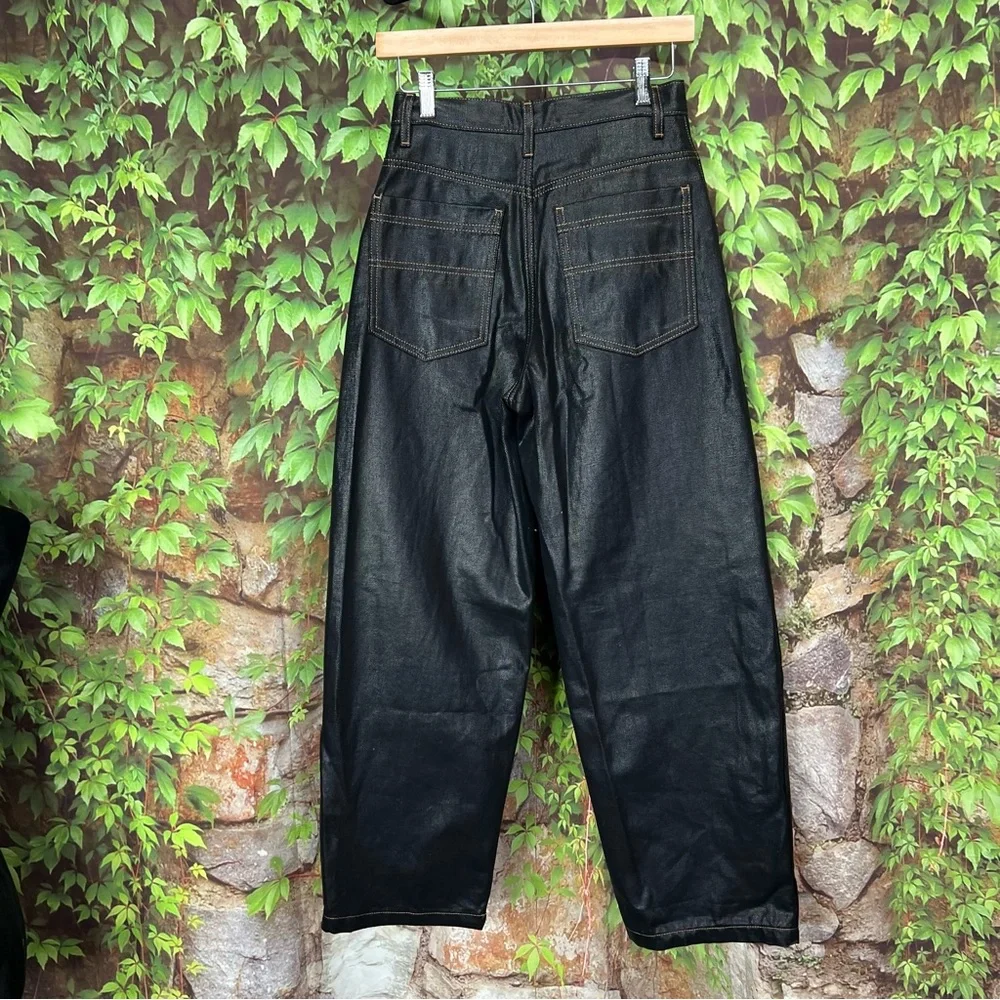 TOPSHOP Modern Architectural Black Waxed Denim Wide Leg Jeans, 4 - Picture 11 of 16